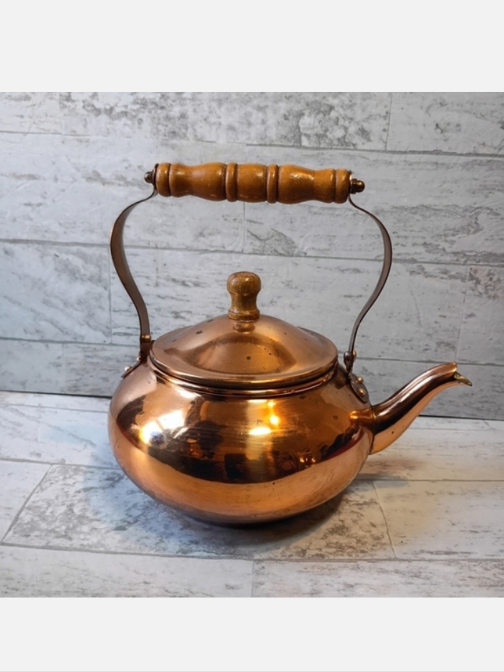 Vintage Copper Tea Pot with Wooden Handle, Decorative Teapot, Kettle, Planter, R